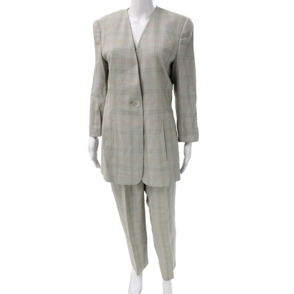 Laurel Unisex Beige Plaid 2 Piece Suit Jacket Pants V Neck Wool Blend Size 40